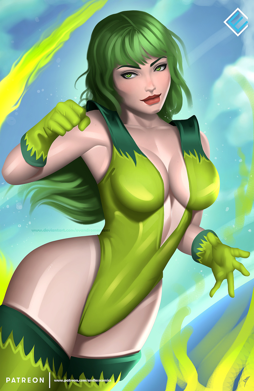 1girl artist_name beatriz_da_costa bodysuit breasts cleavage dc_comics evandro_menezes fire fire_(dc_comics) freckles gloves green_eyes green_gloves green_hair green_legwear highres justice_league large_breasts long_hair matching_hair/eyes patreon_username smile solo thigh-highs watermark web_address