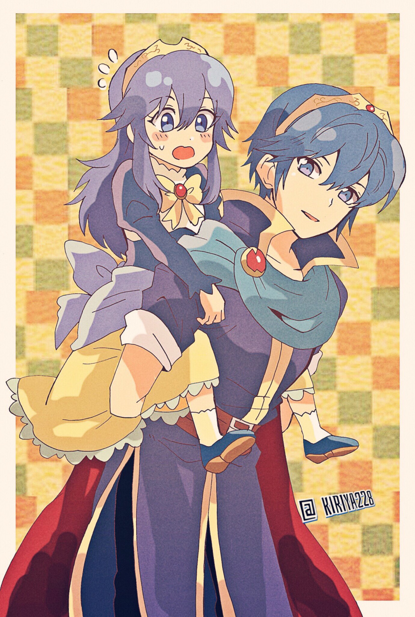 1boy 1girl armor blue_eyes blue_hair blush cape carrying cute dress fire_emblem fire_emblem:_kakusei fire_emblem:_mystery_of_the_emblem fire_emblem:_shin_monshou_no_nazo gloves great_grandfather_and_great_granddaughter hair_between_eyes highres intelligent_systems kiriya_(552260) long_hair lucina marth nintendo open_mouth ribbon short_hair simple_background smile tiara younger