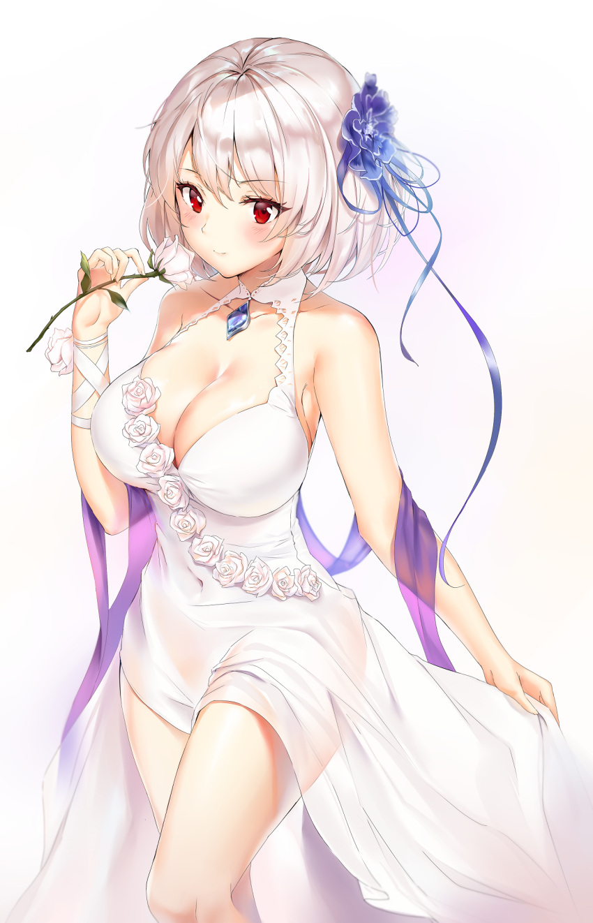 1girl alternate_costume azur_lane bangs blue_flower blush breasts brooch brown_background brown_hair choker cleavage closed_mouth collarbone dress eyebrows_visible_through_hair fingernails flower gradient gradient_background hair_between_eyes hair_flower hair_ornament hand_up highres holding holding_flower jewelry large_breasts looking_at_viewer pdxen red_eyes rose sapphire_(gemstone) see-through shawl short_hair short_sleeves sidelocks sirius_(azur_lane) sleeveless sleeveless_dress smile solo v-shaped_eyebrows white_background white_dress white_flower white_hair white_rose