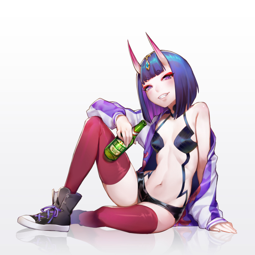 1girl arm_on_knee bangs bare_shoulders black_shorts blush bob_cut boots bottle breasts casual eyebrows_visible_through_hair fate/grand_order fate_(series) full_body gradient gradient_background grin highres holding holding_bottle horns jacket knee_up looking_at_viewer makeup navel off_shoulder oni oni_horns open_clothes open_jacket open_mouth purple_hair red_legwear revealing_clothes short_hair short_shorts shorts shuten_douji_(fate/grand_order) sidelocks simple_background sitting small_breasts smile solo stomach tarantulaines thigh-highs violet_eyes