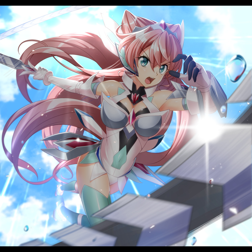 1girl aqua_eyes bare_shoulders blurry blurry_foreground breasts cleavage clouds commentary covered_navel depth_of_field elbow_gloves foreshortening gloves highres holding holding_sword holding_weapon letterboxed long_hair maria_cadenzavna_eve nyanmaru open_mouth pink_hair senki_zesshou_symphogear sword very_long_hair water_drop weapon whip_sword white_gloves