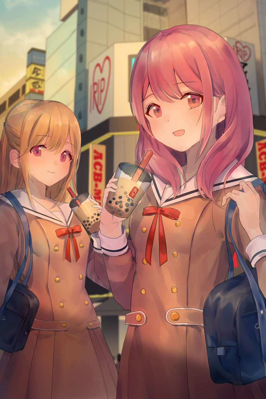 2girls :d absurdres bag bang_dream! bangs blonde_hair blurry blurry_background brown_dress building commentary_request cup dress drinking_straw hanasakigawa_school_uniform highres holding holding_cup holding_strap long_hair long_sleeves looking_at_viewer maruyama_aya multiple_girls neck_ribbon nogi_momoko open_mouth outdoors pink_hair pleated_dress red_neckwear ribbon sailor_dress school_bag school_uniform shirasagi_chisato smile