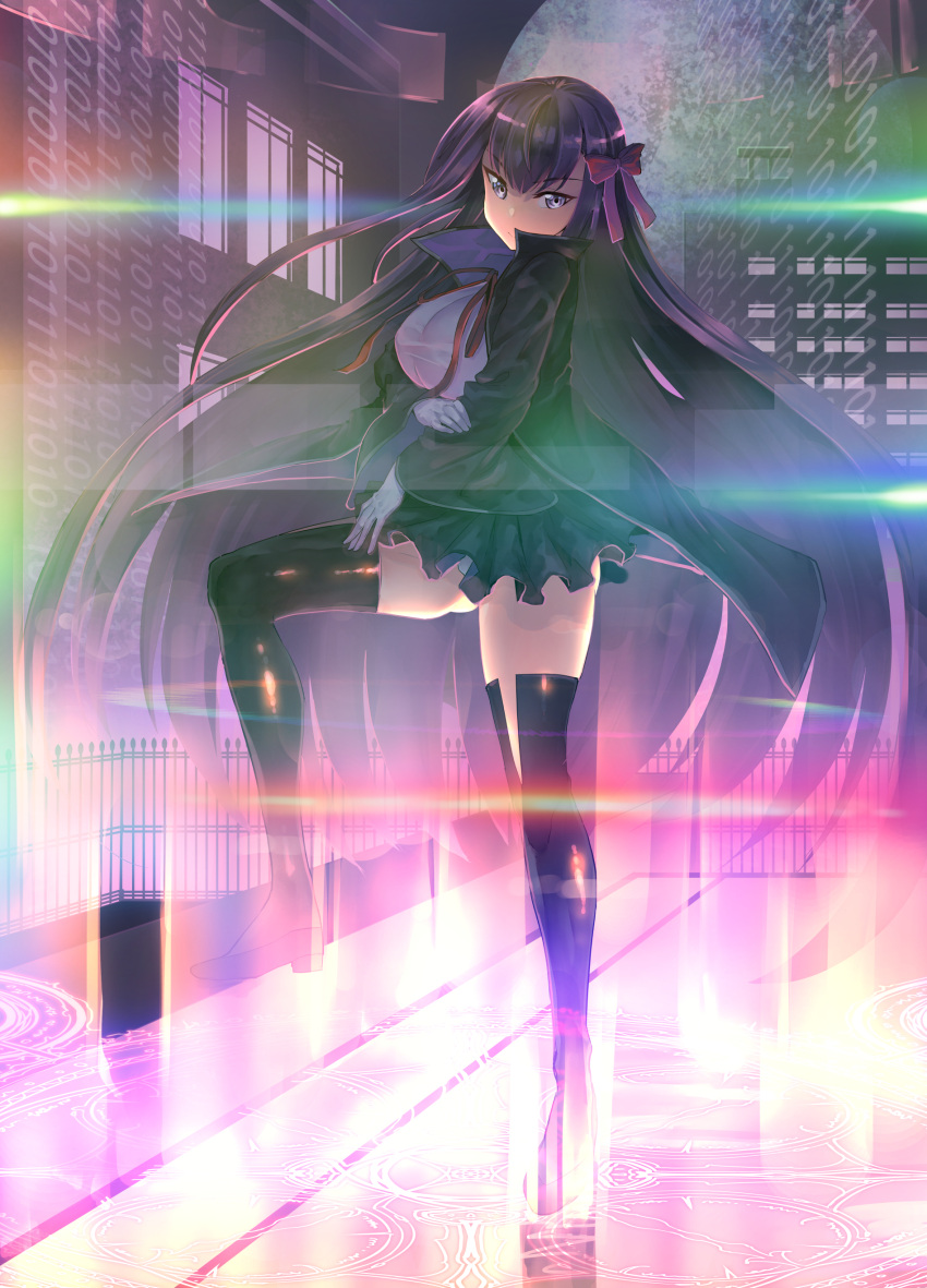1girl absurdres bangs bb_(fate)_(all) bb_(fate/extra_ccc) black_coat black_footwear boots breasts chung_cthemax cityscape closed_mouth coat fate/extra fate/extra_ccc fate_(series) gloves hair_ribbon highres large_breasts legs lens_flare long_hair long_sleeves looking_at_viewer neck_ribbon open_clothes open_coat purple_hair red_ribbon ribbon smile solo thigh-highs thigh_boots thighs very_long_hair violet_eyes white_gloves