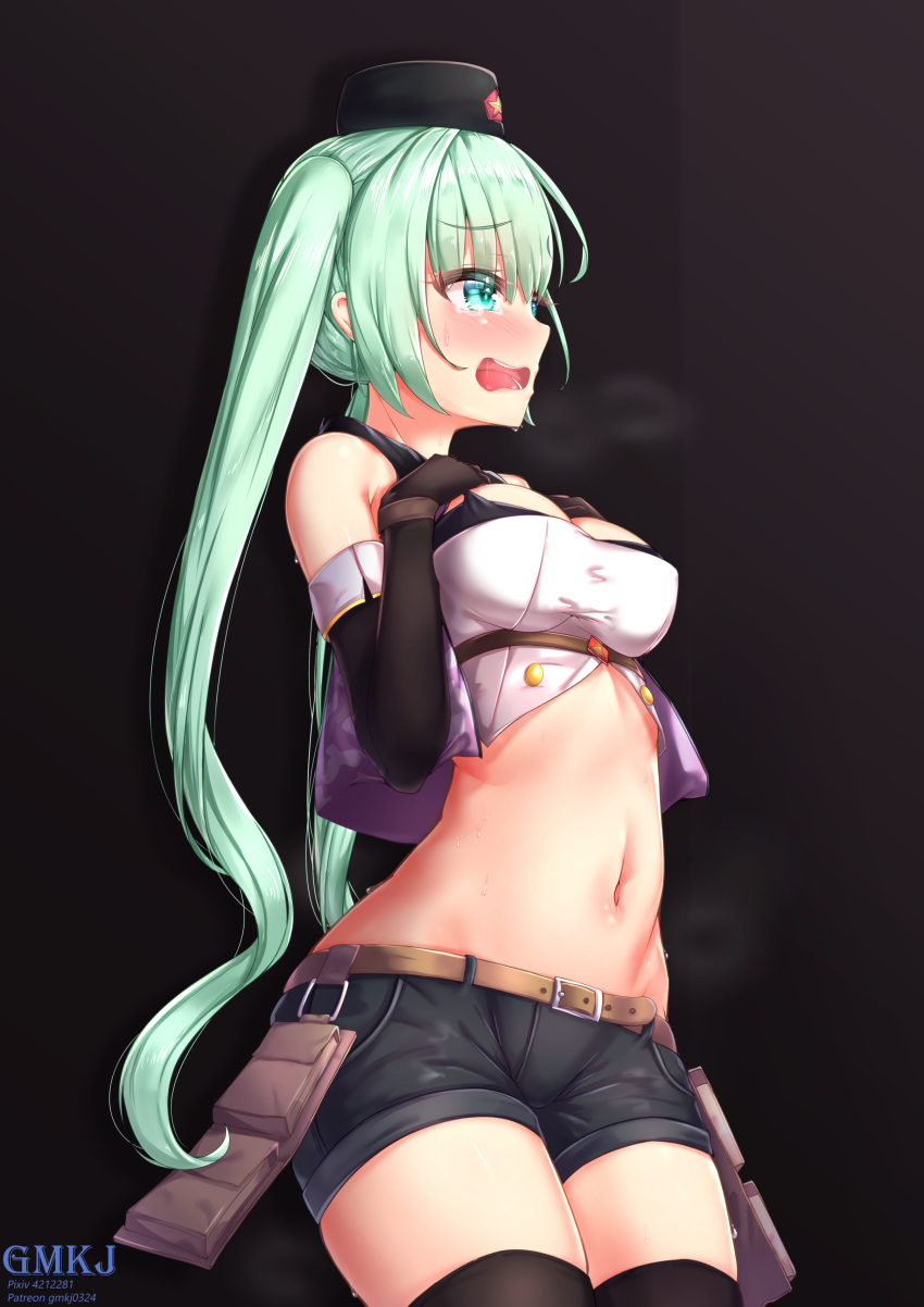 1girl absurdres artist_name bangs belt black_background black_headwear black_legwear blush breast_suppress breasts breathing crop_top elbow_gloves eyebrows_visible_through_hair girls_frontline gloves gmkj green_eyes green_hair groin hair_between_eyes hat highres large_breasts long_hair looking_afar micro_uzi_(girls_frontline) navel necktie open_mouth pouch short_shorts shorts simple_background solo stomach sweat tearing_up thigh-highs twintails very_long_hair