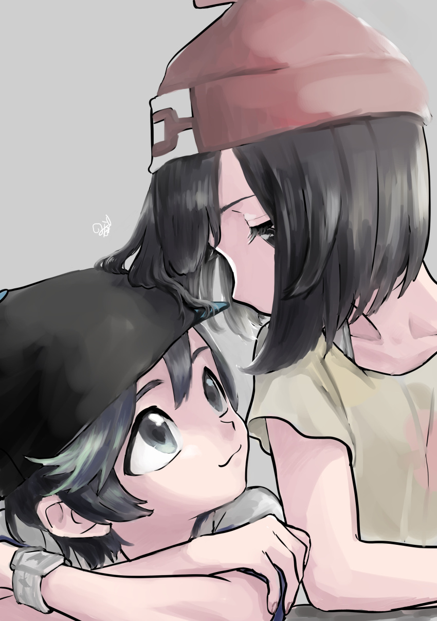 1boy 1girl absurdres black_eyes black_hair black_headwear creatures_(company) eye_contact flat_chest game_freak highres looking_at_another moon_(pokemon) nintendo pokemon pokemon_special red_headwear simple_background sun_(pokemon)