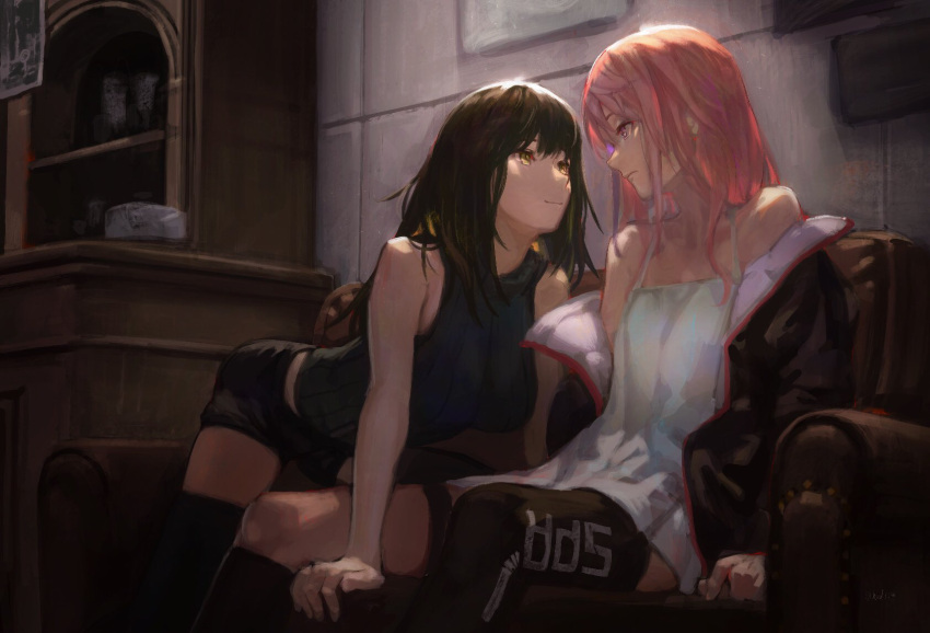 2girls all_fours arm_support asymmetrical_legwear bangs bare_arms bare_shoulders black_hair black_jacket black_legwear black_short black_shorts blue_eyes breasts brown_eyes closed_mouth clothes_writing couch couple dress expressionless eye_contact eyebrows_visible_through_hair female garter_straps girls_frontline green_hair hair_between_eyes highres indoors jacket long_hair looking_at_another lynchis m4a1_(girls_frontline) medium_breasts multicolored_hair multiple_girls neck off_shoulder open_clothes open_jacket pink_hair ribbed_shirt shirt short_dress shorts sidelocks single_thighhigh sitting sleeveless sleeveless_shirt small_breasts smile st_ar-15_(girls_frontline) streaked_hair thigh-highs white_dress yuri