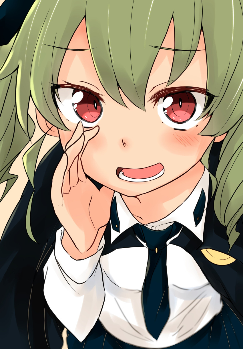 1girl absurdres anchovy anzio_school_uniform bangs barashiya black_cape black_neckwear black_ribbon black_skirt blush cape close-up commentary dress_shirt drill_hair eyebrows_visible_through_hair girls_und_panzer green_hair hair_ribbon highres long_hair long_sleeves looking_at_viewer necktie open_mouth pleated_skirt red_eyes ribbon school_uniform shirt skirt smile solo standing twin_drills twintails whispering white_shirt