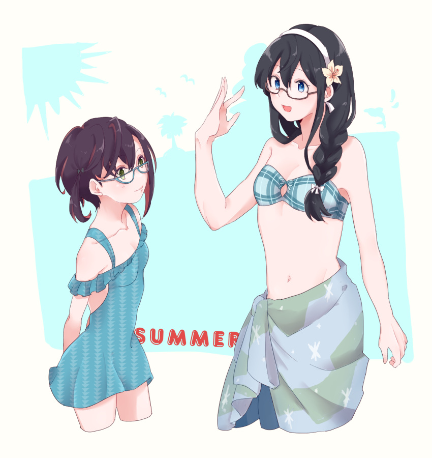 2girls achii_adachi aqua_bikini arms_behind_back bikini black_hair blue-framed_eyewear blue_eyes braid breasts brown_hair casual_one-piece_swimsuit cropped_legs flat_chest glasses green_eyes hair_over_shoulder hairband height_difference highres kantai_collection long_hair multicolored_hair multiple_girls okinami_(kantai_collection) one-piece_swimsuit ooyodo_(kantai_collection) pink_hair plaid plaid_bikini sarong semi-rimless_eyewear short_hair single_braid small_breasts swimsuit under-rim_eyewear white_hairband white_sarong