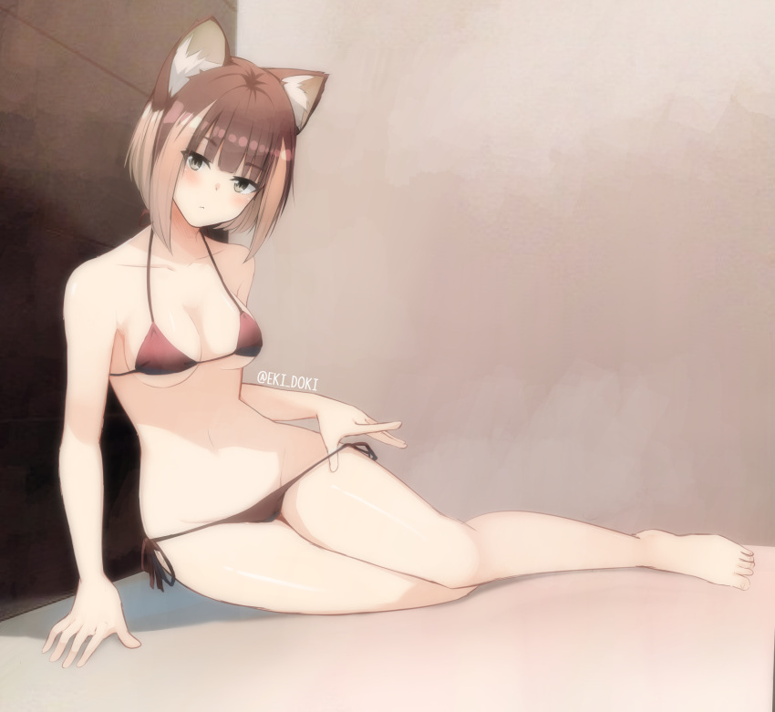 1girl absurdres animal_ears bangs bare_arms bare_legs bare_shoulders barefoot bikini blush bob_cut breasts brown_background brown_bikini brown_hair cat_ears cleavage closed_mouth collarbone commentary eki_doki expressionless eyebrows_visible_through_hair full_body grey_eyes groin head_tilt highres instagram_username looking_at_viewer medium_breasts multicolored_hair navel original reclining shadow shiny shiny_hair shiny_skin short_hair side-tie_bikini sidelocks slit_pupils solo stomach string_bikini swimsuit two-tone_hair