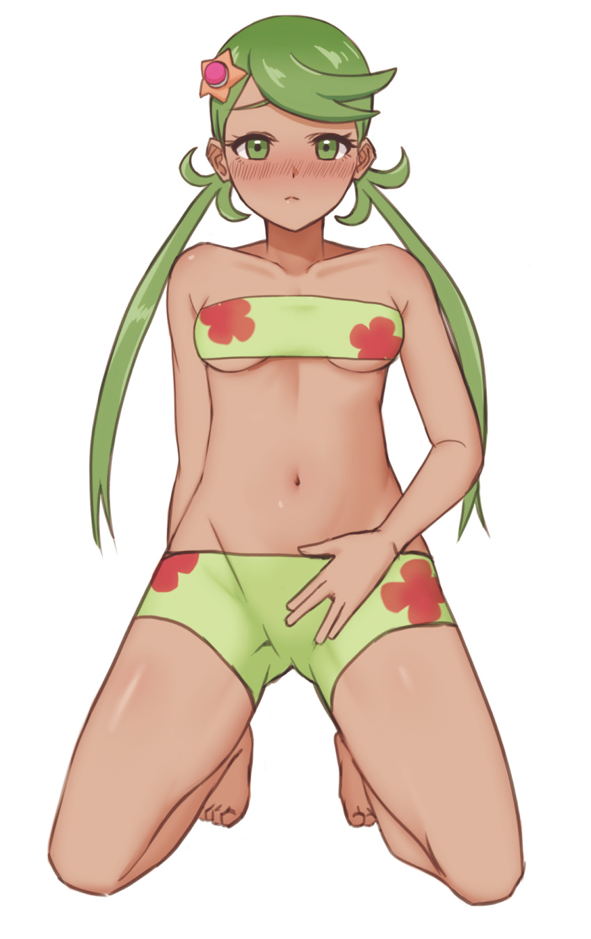 1girl bandeau bangs bare_arms bare_shoulders barefoot blush breasts closed_mouth collarbone commentary_request creatures_(company) dark_skin embarrassed floral_print full_body game_freak green_eyes green_hair green_swimsuit groin hair_ornament highres kneeling long_hair looking_at_viewer low_twintails mallow_(pokemon) medium_breasts miru_(wvjc7832) navel nintendo nose_blush pokemon pokemon_(anime) pokemon_sm_(anime) shiny shiny_hair shiny_skin simple_background solo spread_legs stomach swept_bangs swimsuit twintails white_background