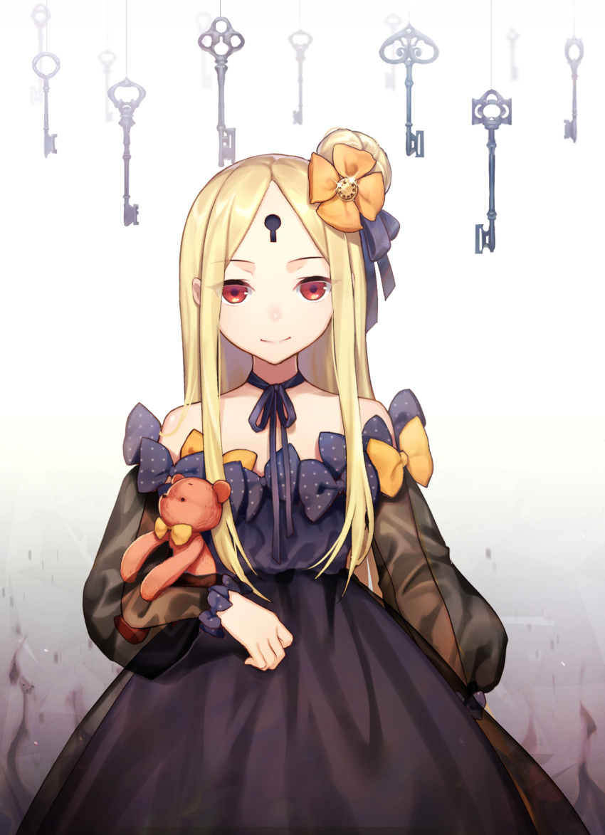 1girl abigail_williams_(fate/grand_order) bangs black_bow black_dress blonde_hair blush bow cowboy_shot dress fate/grand_order fate_(series) hair_bow highres key keyhole long_hair long_sleeves looking_at_viewer orange_bow parted_bangs polka_dot polka_dot_bow purple_bow red_eyes solo stuffed_animal stuffed_toy tarantulaines teddy_bear very_long_hair