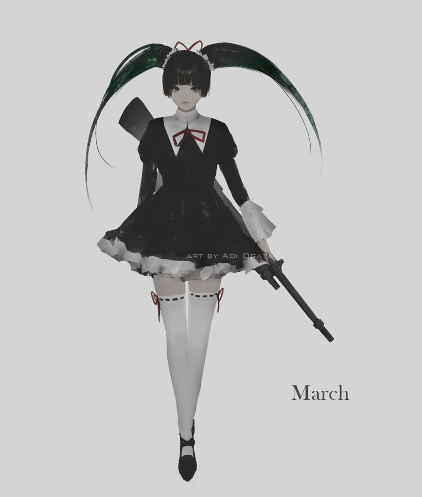 1girl aoi_ogata artist_name bangs black_dress black_eyes black_footwear black_hair character_name commentary coyote_ragtime_show dress english_commentary frilled_dress frills full_body grey_background gun hair_ribbon highres holding holding_gun holding_weapon juliet_sleeves long_sleeves looking_at_viewer march_(coyote_ragtime_show) neck_ribbon puffy_sleeves red_ribbon ribbon ribbon-trimmed_legwear ribbon_trim shoes short_dress simple_background solo standing thigh-highs twintails weapon weapon_request white_legwear