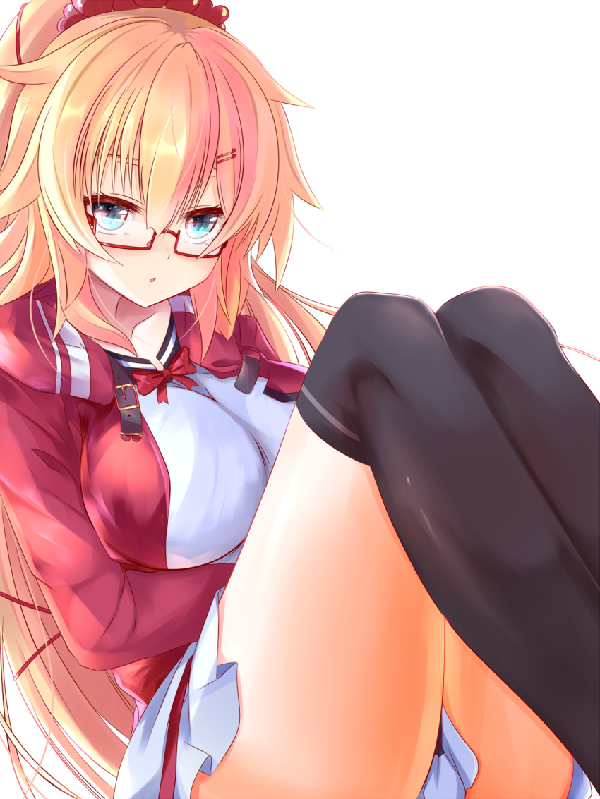 1girl akai_haato alternate_costume alternate_hairstyle bespectacled black_legwear blonde_hair blue_eyes breasts collarbone glasses hair_bobbles hair_ornament highres hololive jacket large_breasts long_hair ponytail rorimiko-yahoo sitting solo thigh-highs virtual_youtuber white_background