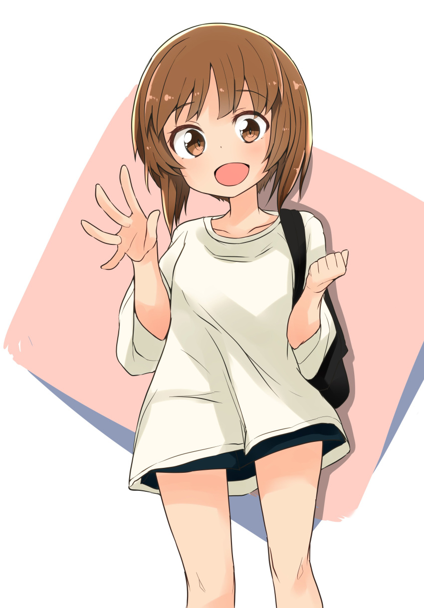 1girl :d absurdres backpack bag bangs barashiya black_shorts brown_eyes brown_hair casual clenched_hand commentary eyebrows_visible_through_hair girls_und_panzer highres light_blush long_sleeves looking_at_viewer nishizumi_miho open_mouth pink_background shadow shirt short_hair short_shorts shorts smile solo standing t-shirt waving white_shirt