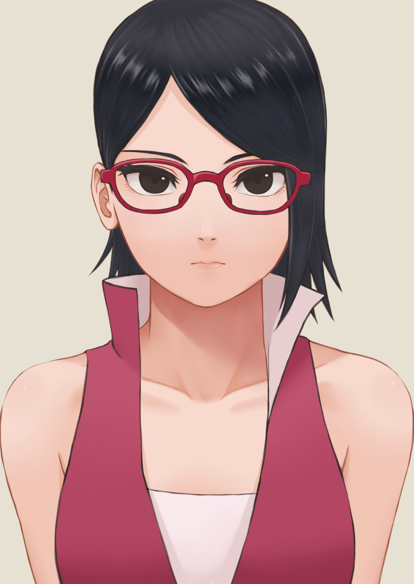 1girl bangs bare_shoulders black_eyes black_hair boruto:_naruto_next_generations brown_background closed_mouth collarbone expressionless glasses high_collar highres looking_at_viewer miru_(wvjc7832) naruto_(series) parted_bangs portrait red-framed_eyewear red_shirt shiny shiny_hair shirt short_hair simple_background sleeveless sleeveless_shirt solo tsurime uchiha_sarada