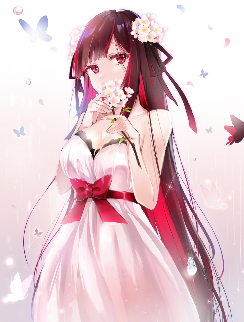 1girl bangs black_ribbon blush bow breasts brown_hair bug butterfly cleavage covered_mouth dress eyebrows_visible_through_hair felnemo flower gradient gradient_background hair_flower hair_ornament hair_ribbon highres holding_branch insect long_hair looking_at_viewer medium_breasts multicolored_hair original petals red_bow red_eyes redhead ribbon sash sidelocks solo sparkle strapless strapless_dress tsurime two-tone_hair very_long_hair water_drop white_flower