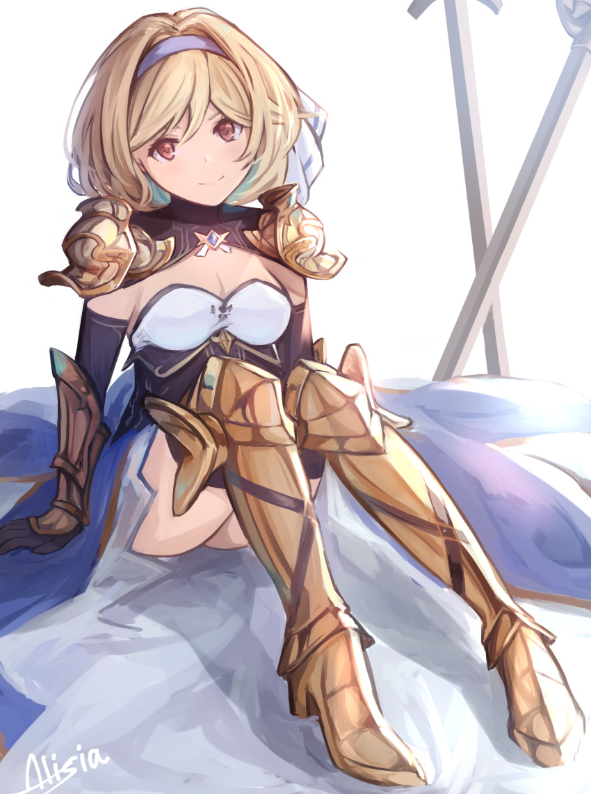 1girl alisia0812 arm_support armored_boots black_gloves black_legwear black_sleeves blonde_hair blue_hairband blue_skirt boots breasts brown_eyes cleavage detached_sleeves djeeta_(granblue_fantasy) gloves granblue_fantasy hair_between_eyes hairband highres long_skirt long_sleeves looking_at_viewer medium_breasts short_hair shoulder_armor signature simple_background sitting skirt smile solo spaulders strapless sword thigh-highs thigh_boots weapon white_background yellow_footwear