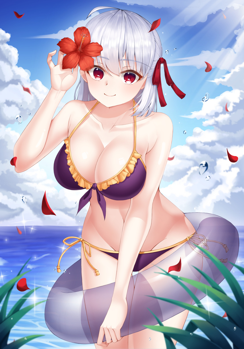 1girl absurdres ahoge bare_arms bare_shoulders bikini blue_sky blurry breasts carat_hanna cleavage closed_mouth clouds cloudy_sky collarbone cowboy_shot day depth_of_field fate/grand_order fate_(series) flower frilled_bikini frills front-tie_bikini front-tie_top glint groin hair_flower hair_ornament hair_ribbon half_updo halterneck hand_up hibiscus highres holding horizon innertube kama_(fate/grand_order) large_breasts light_rays looking_at_viewer navel ocean outdoors petals plant purple_bikini red_eyes red_flower red_ribbon ribbon short_hair side-tie_bikini sky smile solo standing stomach sunbeam sunlight swimsuit thighs water_drop white_hair