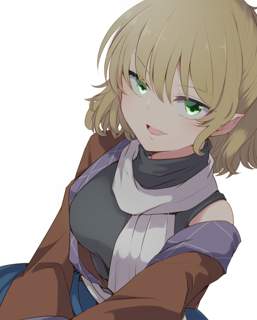 1girl aoi_(annbi) blonde_hair commentary eyebrows_visible_through_hair green_eyes highres looking_at_viewer mizuhashi_parsee open_mouth pointy_ears scarf simple_background solo touhou white_background white_scarf