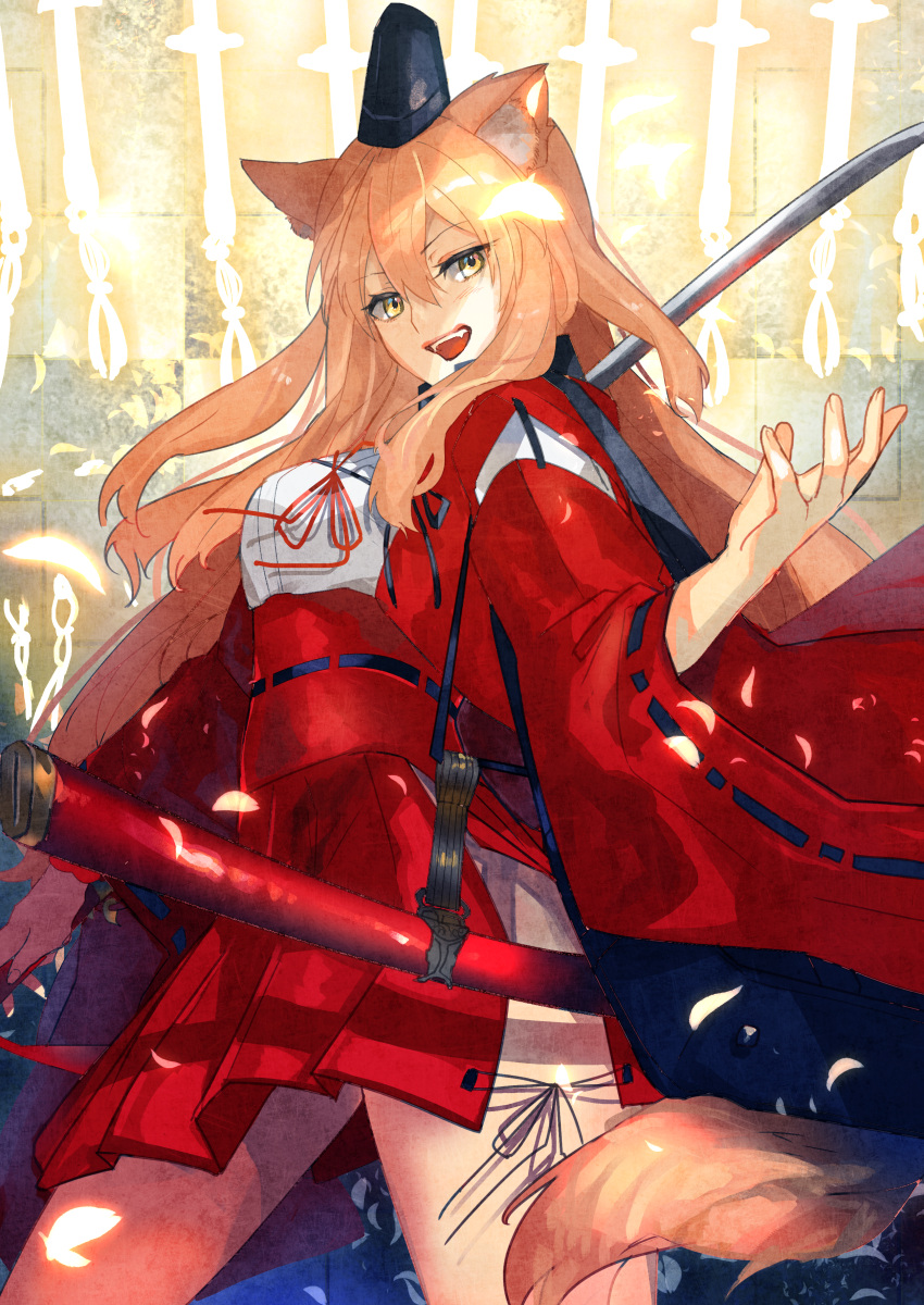 1girl absurdres animal_ear_fluff animal_ears blonde_hair breasts fangs fate/extra fate/extra_ccc fate/extra_ccc_fox_tail fate_(series) fox_ears fox_tail hat highres huge_filesize long_hair looking_at_viewer medium_breasts nishikiya open_mouth pleated_skirt red_ribbon ribbon sash sheath sheathed skirt smile solo standing suzuka_gozen_(fate) sword tail weapon yellow_eyes