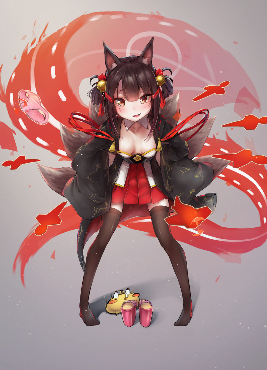 1girl absurdres aircraft akagi-chan_(azur_lane) akagi_(azur_lane) amamami_prime animal_ears azur_lane bangs bell bird black_coat black_legwear blunt_bangs blush_stickers breasts breasts_apart brown_hair chick commentary_request detached_collar floating floating_object floating_panties fox_ears fox_tail geta hair_bell hair_ornament hair_ribbon hanging_breasts highres jingle_bell long_sleeves multiple_tails panties pink_footwear pink_panties platform_footwear red_eyes red_ribbon red_skirt ribbon shoes_removed short_hair skirt small_breasts solo spit_take spitting tail thigh-highs two_side_up underwear wide_sleeves
