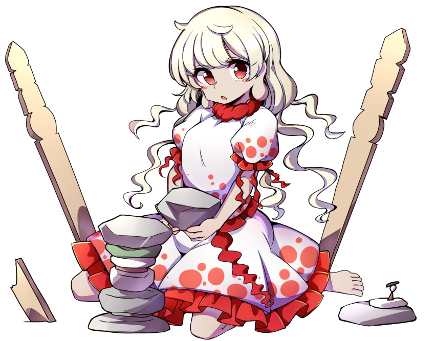 1girl baba_(baba_seimaijo) barefoot blonde_hair commentary_request earlobes ebisu_eika frills highres long_hair looking_at_viewer puffy_short_sleeves puffy_sleeves red_eyes rock short_sleeves sitting skirt solo stone touhou wariza white_background