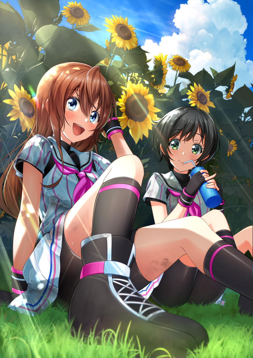 2girls absurdres arihara_tsubasa baseball_uniform bike_shorts black_footwear black_hair black_legwear blue_eyes blue_sky brown_hair clouds commentary_request day dirty eyebrows_visible_through_hair fingerless_gloves flower garden gloves grass green_eyes hachigatsu_no_cinderella_nine highres kawakita_tomoe knees_up long_hair multiple_girls neckerchief nyanmaru open_mouth sailor_collar short_hair short_sleeves shorts shorts_under_skirt sitting skirt sky sportswear sunflower sunlight sweat