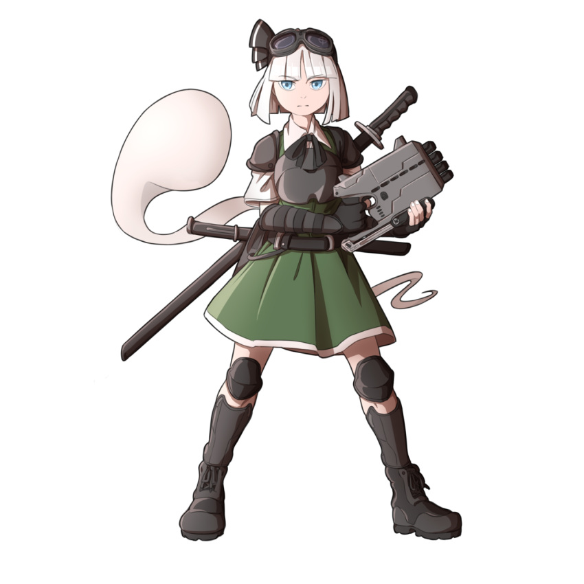 armor armored_boots black_bow black_footwear black_hairband black_ribbon blue_eyes bob_cut boots bow bowtie collared_shirt eyewear_on_head green_skirt green_vest gun hair_ribbon hairband highres katana konpaku_youmu konpaku_youmu_(ghost) medium_skirt mefomefo ribbon shirt short_hair short_sleeves shoulder_armor silver_hair skirt sword touhou vest weapon white_hair white_shirt