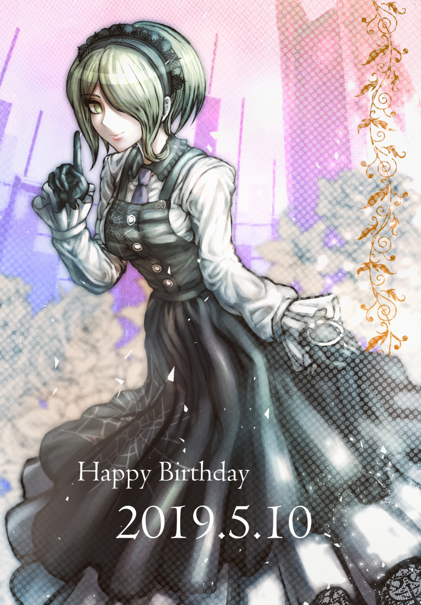 1girl absurdres black_dress black_gloves blonde_hair breasts commentary_request dangan_ronpa dated dgrp_(minhduc12333) dress eyebrows_visible_through_hair floral_print gloves green_eyes hair_over_one_eye hairband happy_birthday highres huge_filesize long_dress long_sleeves looking_at_viewer maid maid_headdress medium_breasts necktie new_dangan_ronpa_v3 pinafore_dress shirt short_hair smile solo toujou_kirumi