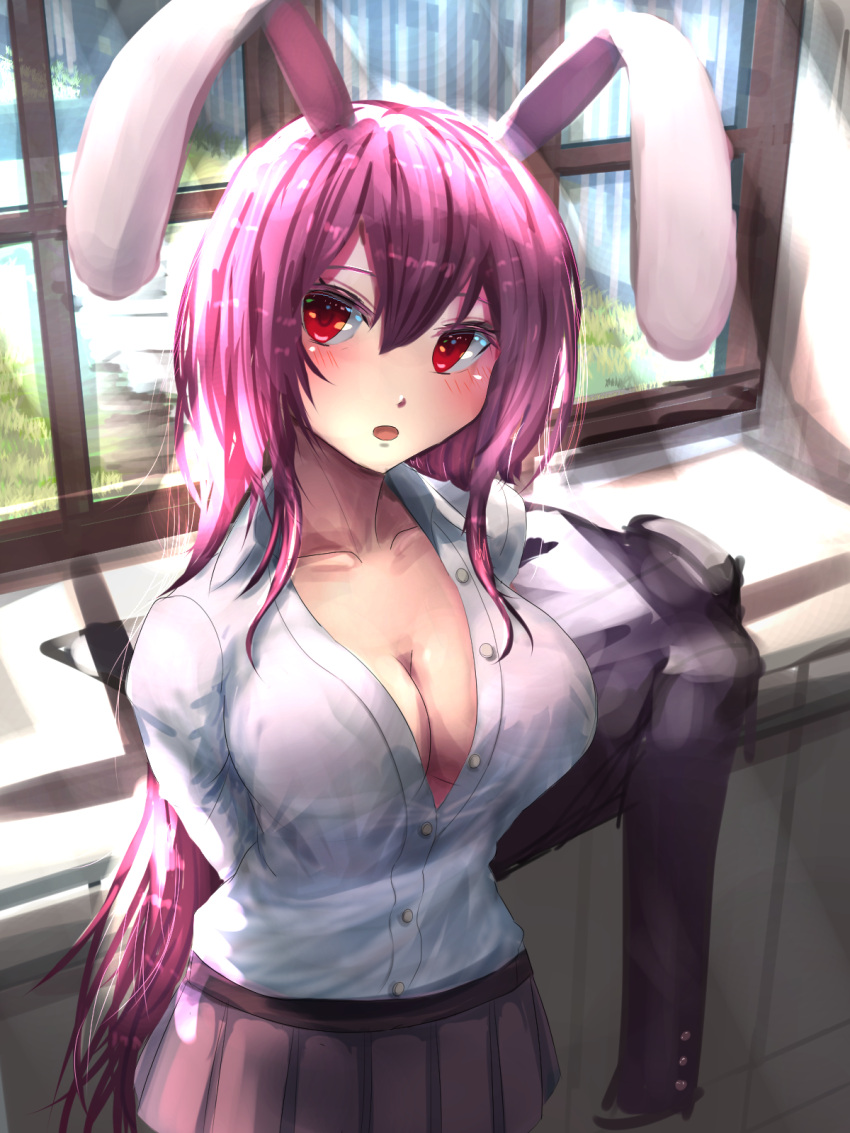 1girl animal_ears arms_behind_back bangs blush breasts buttons cleavage collarbone collared_shirt commentary_request day h.d.maruyama hair_between_eyes head_tilt highres indoors jacket jacket_removed long_hair long_sleeves looking_at_viewer medium_breasts miniskirt open_mouth partially_unbuttoned purple_hair rabbit_ears red_eyes reisen_udongein_inaba shirt skirt solo touhou upper_body very_long_hair white_shirt window wing_collar