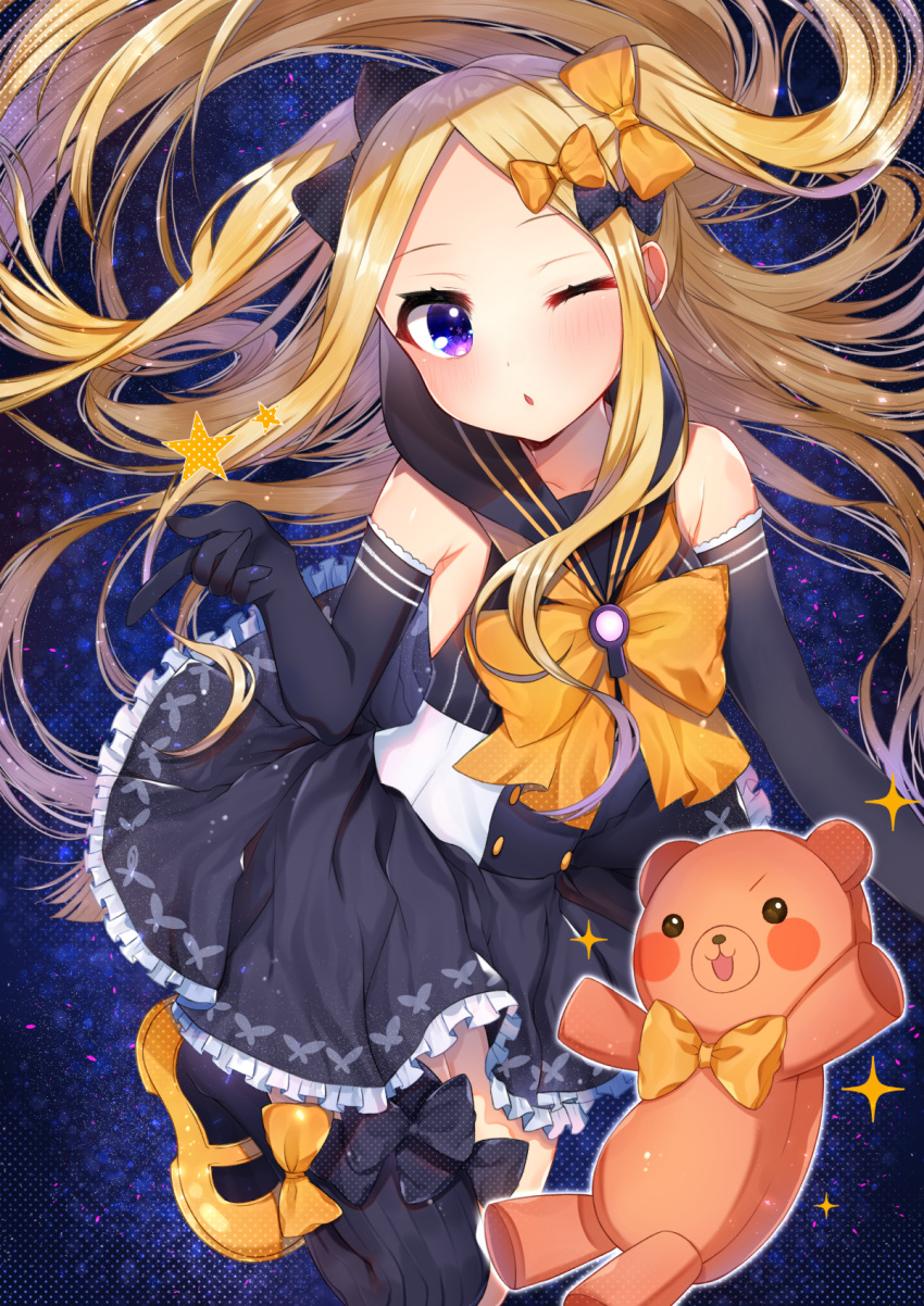 1girl abigail_williams_(fate/grand_order) akirannu alternate_hairstyle bangs black_bow black_dress black_gloves black_legwear blonde_hair blue_eyes blush bow dress elbow_gloves fate/grand_order fate_(series) forehead gloves hair_bow highres long_hair looking_at_viewer one_eye_closed open_mouth orange_bow orange_footwear parted_bangs polka_dot polka_dot_bow sailor_collar sparkle star stuffed_animal stuffed_toy teddy_bear