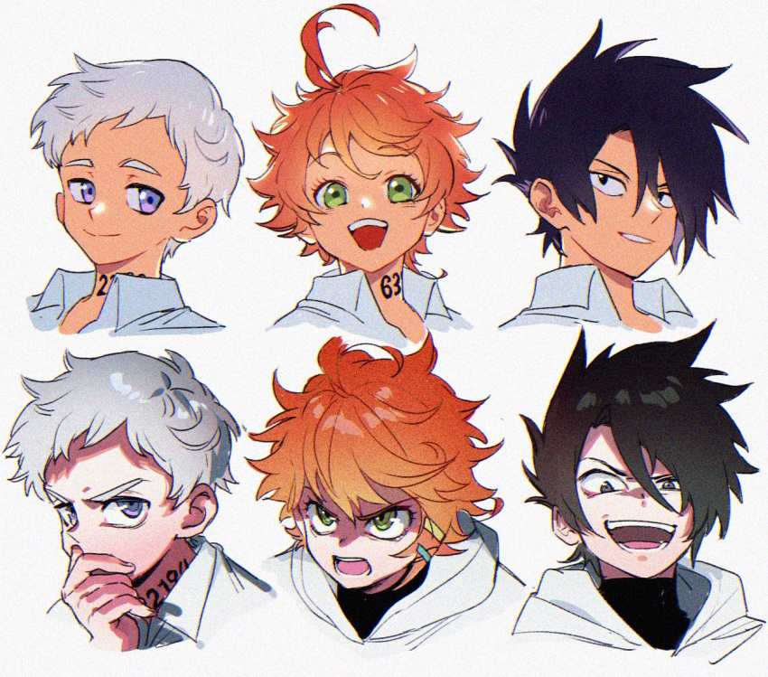 &gt;:p &gt;:q 1girl 2boys ahoge black_hair blue_eyes closed_mouth emma_(yakusoku_no_neverland) green_eyes hair_ribbon ke02152 looking_at_another looking_at_viewer multiple_boys neck_tattoo norman_(yakusoku_no_neverland) number_tattoo open_mouth orange_hair pullover ray_(yakusoku_no_neverland) ribbon shirt short_hair simple_background smile tattoo teeth tongue white_background white_hair white_shirt yakusoku_no_neverland