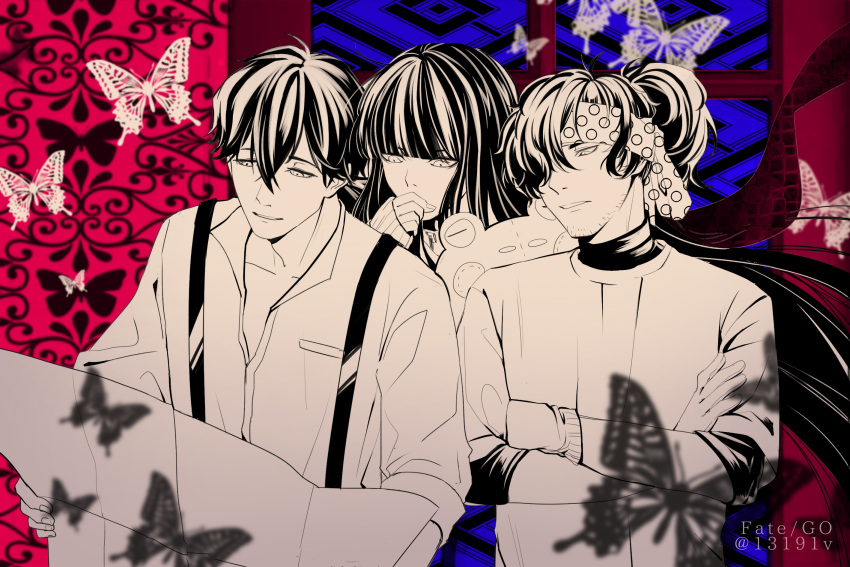 13191v_(g) 1girl 2boys artist_name black_hair bug butterfly collarbone fate/grand_order fate_(series) gloves highres insect long_hair long_sleeves monochrome multiple_boys okada_izou_(fate) oryou_(fate) sakamoto_ryouma sakamoto_ryouma_(fate) stuffed_animal stuffed_toy