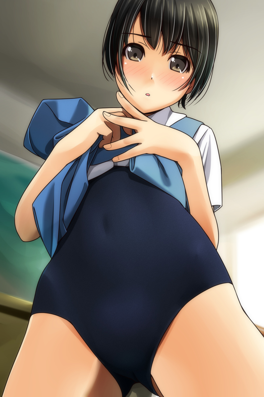 1girl absurdres bangs black_hair blue_skirt blurry blurry_background blush brown_eyes covered_navel depth_of_field eyebrows_visible_through_hair fingernails from_below gluteal_fold hair_between_eyes head_tilt highres lifted_by_self looking_at_viewer looking_down matsunaga_kouyou nose_blush original parted_lips school_swimsuit shirt shirt_lift short_hair short_sleeves skirt skirt_lift solo swimsuit swimsuit_under_clothes white_shirt