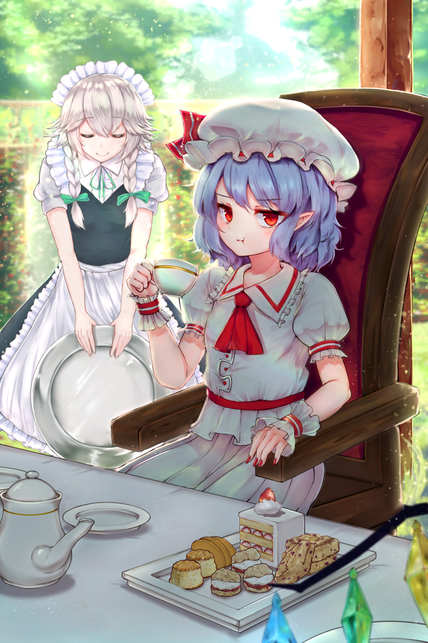 3girls absurdres apron ascot bangs blue_dress blue_hair bow braid cake chair closed_eyes commentary_request crystal cup dress eyebrows_visible_through_hair feet_out_of_frame flandre_scarlet food frilled_apron frilled_shirt_collar frills fruit green_bow green_neckwear green_ribbon greypidjun hair_between_eyes hair_bow hand_up hat hat_ribbon highres holding holding_cup holding_tray izayoi_sakuya lens_flare light_particles looking_at_viewer maid maid_apron maid_headdress mob_cap multiple_girls nail_polish neck_ribbon out_of_frame pastry pillar plate pointy_ears pudding red_eyes red_nails red_neckwear red_ribbon red_sash remilia_scarlet ribbon sash shirt short_hair siblings sidelocks silver_hair sisters sitting smile standing strawberry strawberry_shortcake table teacup teapot touhou tray tree twin_braids waist_apron white_apron white_dress white_headwear white_shirt wings wrist_cuffs