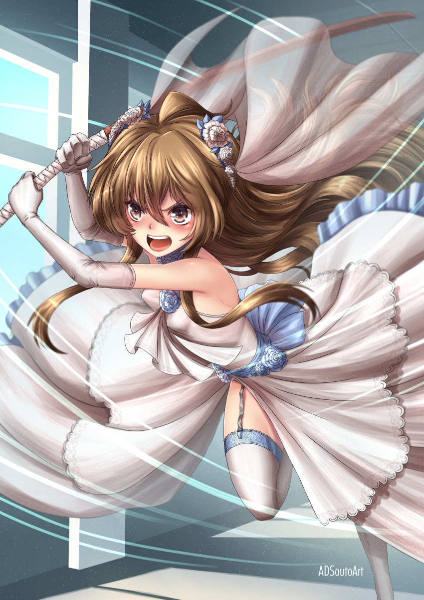 1girl adsouto aisaka_taiga artist_name bangs bare_shoulders blush bokken bridal_veil brown_eyes brown_hair day dress elbow_gloves eyebrows_visible_through_hair facing_viewer flower garter_straps gloves hair_flower hair_ornament highres indoors long_hair motion_lines open_mouth running solo sword thigh-highs toradora! veil weapon wedding_dress white_flower white_gloves white_legwear window wooden_sword