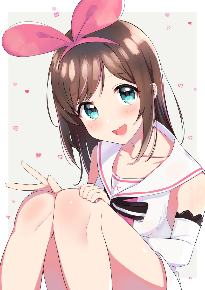 1girl :d a.i._channel absurdres bare_legs bare_shoulders blue_eyes blush brown_hair collarbone commentary_request detached_sleeves hairband head_tilt heart highres kizuna_ai knees_up long_hair long_sleeves looking_at_viewer multicolored_hair neginoki open_mouth pink_hair sailor_collar shirt shorts sidelocks sitting smile solo streaked_hair virtual_youtuber white_sailor_collar white_shirt white_shorts