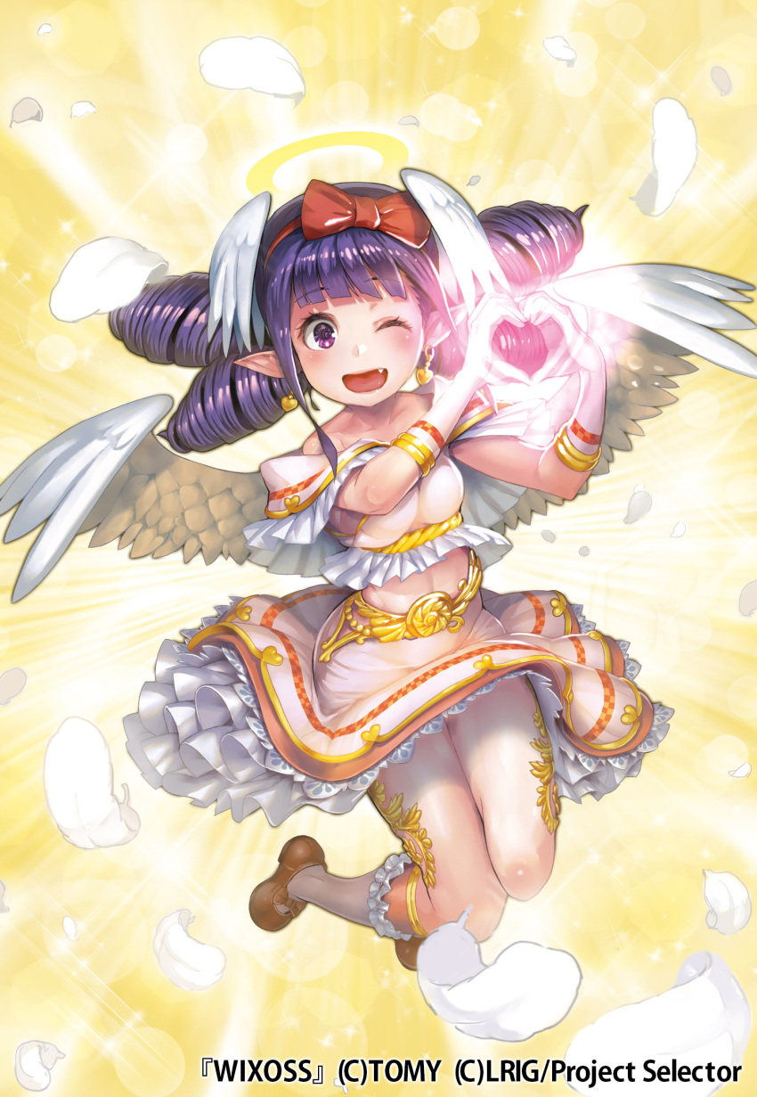 1girl ;d bow breasts dress drill_hair earrings fang feathers frills full_body gloves gold_trim hair_bow hair_wings hairband hands_up heart heart_earrings heart_hands highres holding jewelry kousaku looking_at_viewer medium_breasts midriff official_art one_eye_closed open_mouth pointy_ears quad_drills red_bow red_hairband smile solo violet_eyes white_feathers white_gloves white_wings wings wixoss yellow_background
