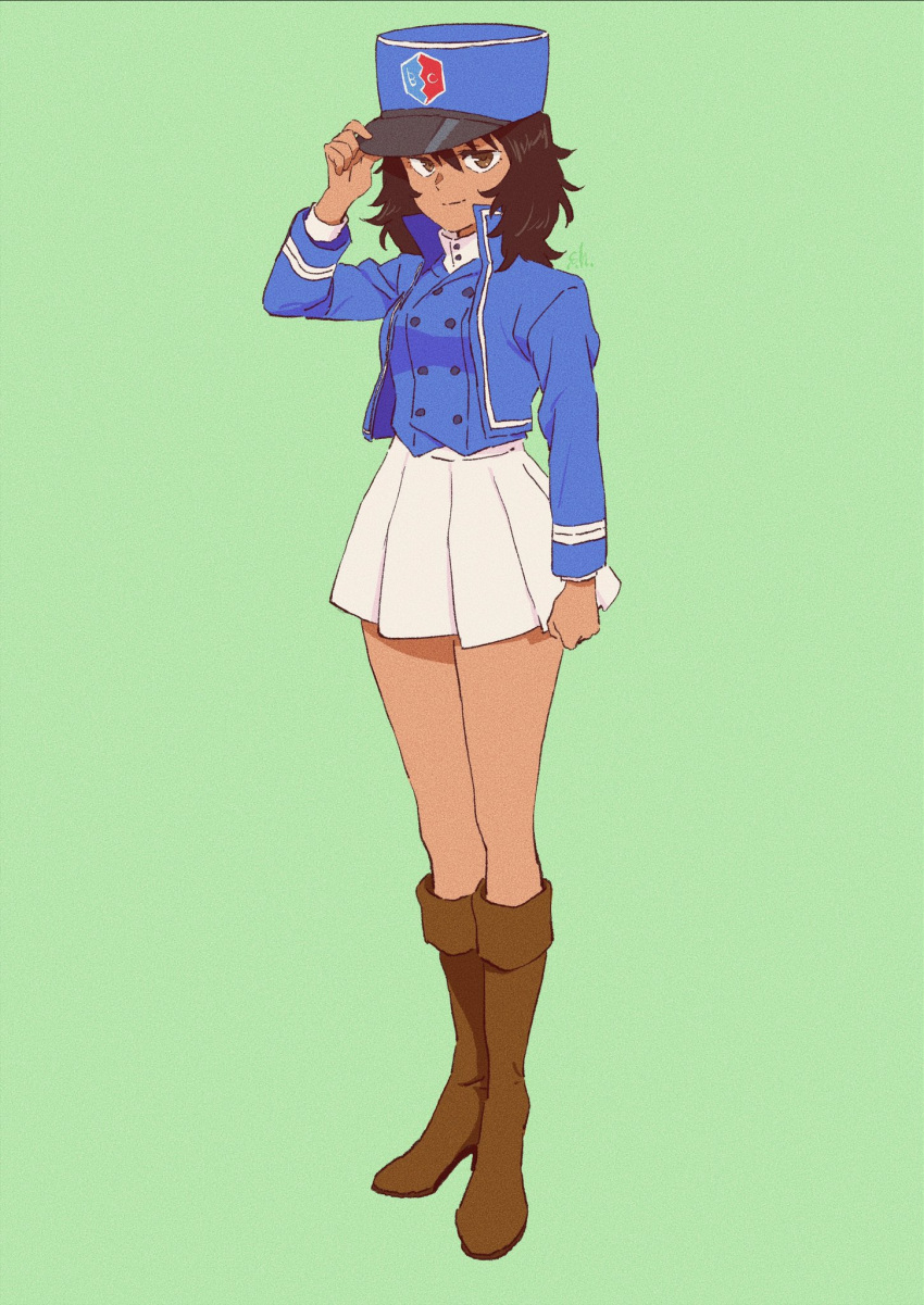 1girl andou_(girls_und_panzer) bangs bc_freedom_(emblem) bc_freedom_military_uniform black_hair blue_jacket blue_vest boots brown_eyes dark_skin emblem girls_und_panzer green_background hand_on_headwear handa_shuuhei hat high_collar highres jacket long_sleeves looking_at_viewer medium_hair messy_hair pleated_skirt shako_cap simple_background skirt smile solo standing thighs vest white_skirt