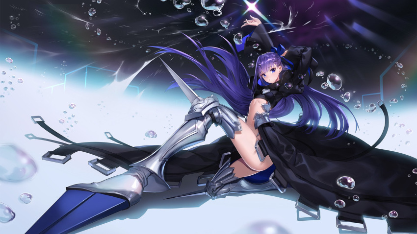 1girl :o armored_boots arms_up ass bangs blue_eyes blunt_bangs boots eyebrows_visible_through_hair fate/grand_order fate_(series) floating_hair glint hair_ribbon highres knee_up long_hair long_sleeves looking_at_viewer meltryllis mhk_(mechamania) navel parted_lips puffy_sleeves purple_hair revealing_clothes ribbon solo very_long_hair water_drop