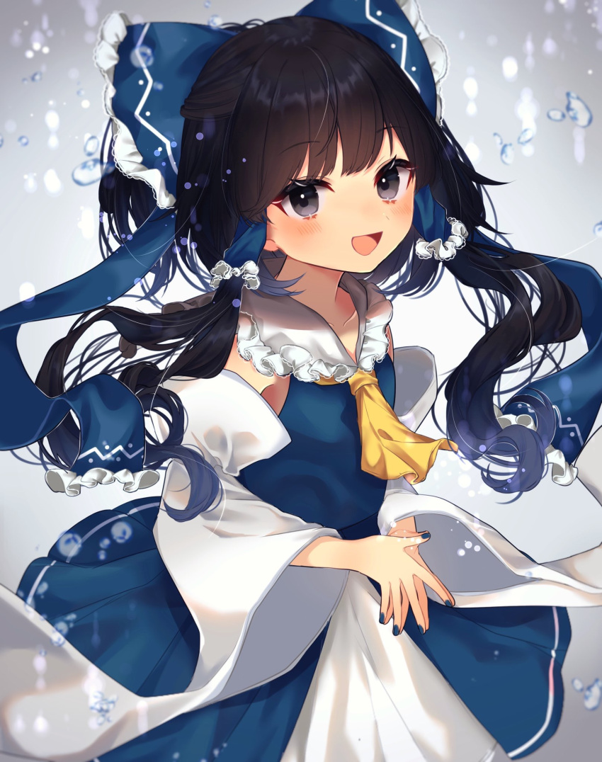 1girl :d alternate_color ascot bare_shoulders black_eyes black_hair blue_bow blue_nails blue_shirt blue_skirt blurry blush bow cowboy_shot detached_sleeves frilled_shirt_collar frills hair_bow hair_tubes hakurei_reimu highres long_hair long_sleeves looking_at_viewer nail_polish open_mouth own_hands_together shirt skirt skirt_set smile solo standing steepled_fingers touhou water_drop wide_sleeves yellow_neckwear youtan