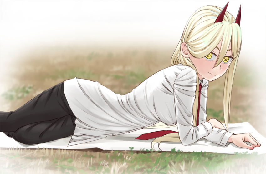 1girl black_pants blonde_hair chainsaw_man collared_shirt crosshair_pupils day easy_(aqk7bdqt) feet_out_of_frame hair_between_eyes horns light_smile long_hair long_sleeves looking_at_viewer lying necktie outdoors pants power_(chainsaw_man) shirt solo white_shirt yellow_eyes