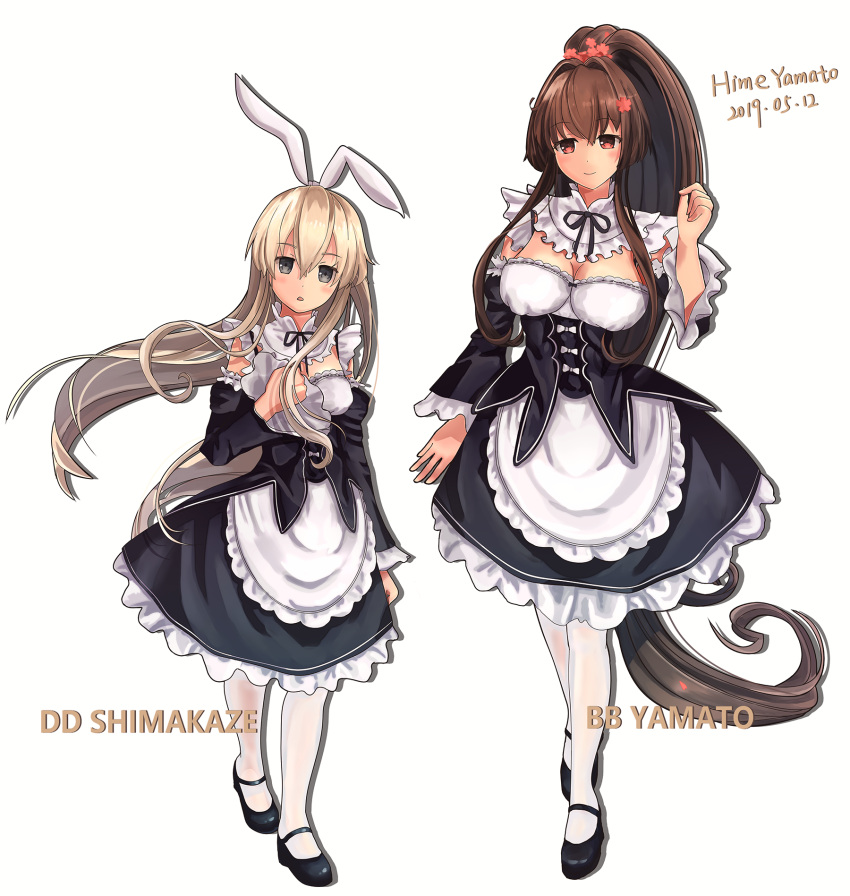 2girls alternate_costume apron black_dress blonde_hair blush breasts brown_hair cake_no_shaberu cherry_blossoms cleavage cosplay detached_sleeves dress enmaided flower frilled_apron frills full_body grey_eyes hair_flower hair_ornament highres kantai_collection long_hair looking_at_viewer maid maid_apron maid_headdress medium_breasts multiple_girls ponytail ram_(re:zero) ram_(re:zero)_(cosplay) re:zero_kara_hajimeru_isekai_seikatsu red_eyes rem_(re:zero) rem_(re:zero)_(cosplay) shimakaze_(kantai_collection) simple_background smile standing waist_apron white_apron white_background yamato_(kantai_collection)