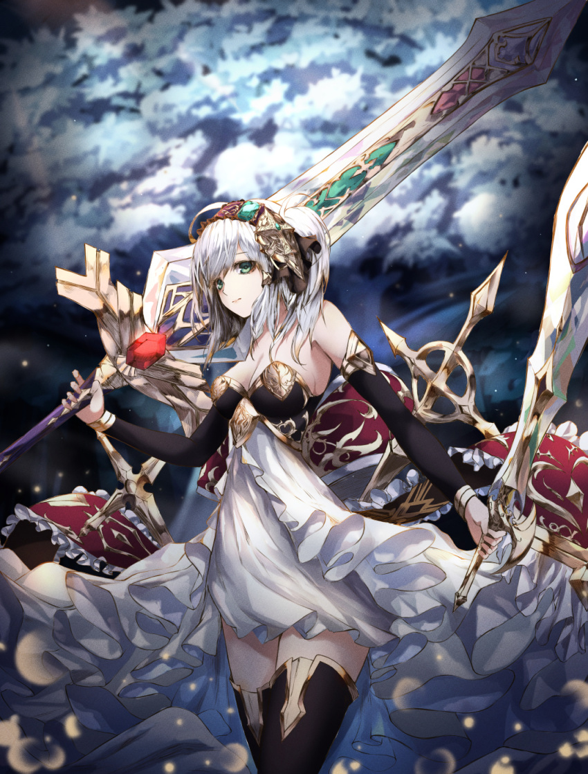 1girl bangs bare_shoulders black_footwear blonde_hair boots claymore_(sword) clouds cloudy_sky detached_sleeves dress dual_wielding expressionless gold_trim gradient_hair greatsword green_eyes grey_hair headpiece highres holding knight light_particles long_dress multicolored_hair neon_(pixiv_31150749) one_side_up original outdoors sidelocks sky strapless strapless_dress sword thigh-highs thigh_boots weapon white_dress