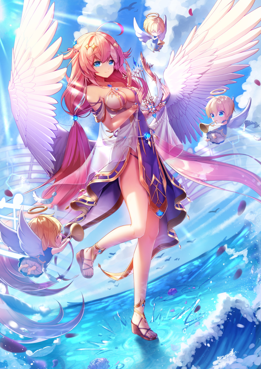 1girl absurdres ahoge angel bare_shoulders bird blue_eyes blue_sky blush breasts cleavage clouds criss-cross_halter day dress eile_(esspril) flower hair_ornament halterneck harp highres holding holding_instrument instrument jewelry king's_raid long_hair looking_at_viewer low_twintails medium_breasts outdoors pelvic_curtain pink_hair shea_(king's_raid) sky splashing standing standing_on_liquid standing_on_one_leg twintails very_long_hair white_dress