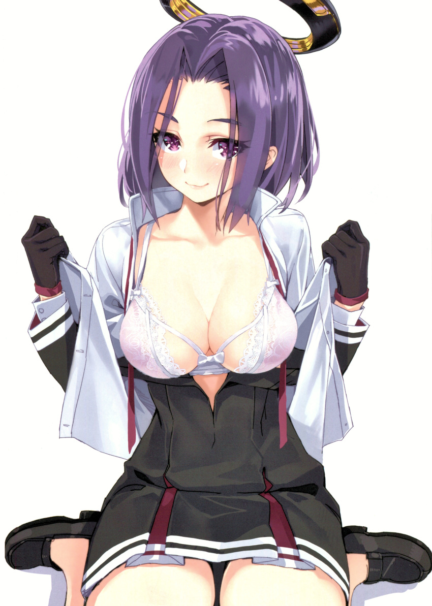 1girl absurdres bangs black_footwear black_gloves bra breasts brown_eyes cleavage closed_mouth collarbone eyebrows eyebrows_visible_through_hair gloves halo highres kantai_collection lips loafers long_sleeves looking_at_viewer mechanical_halo medium_breasts open_clothes parted_bangs purple_hair scan school_uniform shiny shiny_hair shoes short_hair simple_background sitting smile solo tatsuta_(kantai_collection) underwear undressing violet_eyes wariza white_background white_bra yahako