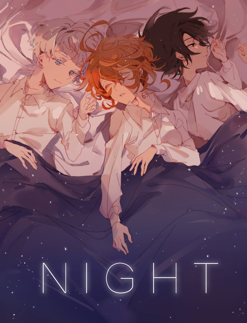 1girl 2boys ahoge black_eyes black_hair blanket blue_eyes closed_eyes closed_mouth emma_(yakusoku_no_neverland) highres holding holding_hair long_sleeves looking_at_another lying m_omoo multiple_boys neck_tattoo night norman_(yakusoku_no_neverland) number_tattoo on_back on_side open_mouth orange_hair ray_(yakusoku_no_neverland) shirt short_hair sleeping smile tattoo under_covers white_hair white_shirt white_skin yakusoku_no_neverland