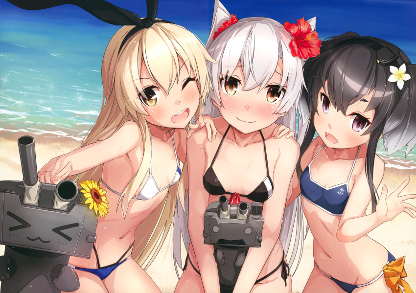 3girls :d ;d absurdres adapted_costume amatsukaze_(kantai_collection) beach bikini black_bikini black_hair blush breasts brown_eyes closed_mouth collarbone cowboy_shot day eyebrows_visible_through_hair fang flat_chest flower girl_sandwich hair_flower hair_ornament hair_ribbon hairband halterneck hand_on_another's_shoulder hat hibiscus highleg highleg_bikini highres kantai_collection long_hair looking_at_viewer mini_hat multi-strapped_bikini multiple_girls navel one_eye_closed open_mouth outdoors outstretched_hand rensouhou-chan rensouhou-kun ribbon sandwiched scan shimakaze_(kantai_collection) short_hair_with_long_locks side-tie_bikini small_breasts smile sweat swimsuit takanashi_kei_(hitsujikan) tokitsukaze_(kantai_collection) violet_eyes