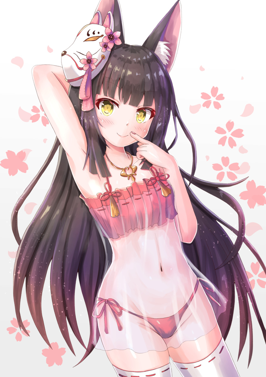 1girl animal_ear_fluff animal_ears arm_behind_head arm_up armpits azur_lane bare_arms black_hair blush breasts cherry_blossoms closed_mouth cocoasabure collarbone cowboy_shot finger_to_mouth fox_ears fox_mask groin hand_up highres jewelry light_particles lingerie long_hair looking_at_viewer mask mask_on_head nagato_(azur_lane) navel necklace panties red_panties see-through side-tie_panties small_breasts smile solo standing stomach thigh-highs underwear very_long_hair white_legwear yellow_eyes