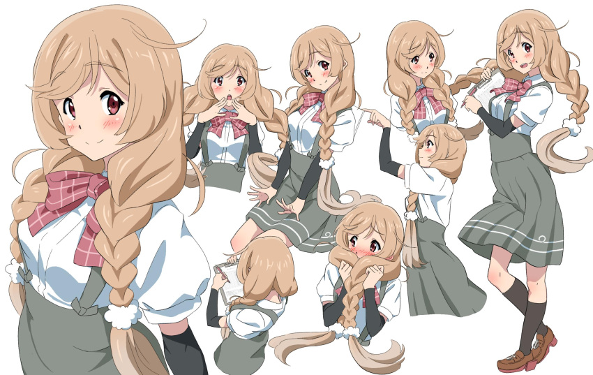 1girl ao_iro arm_warmers black_legwear blush bow bowtie braid brown_eyes cloud_hair_ornament cowboy_shot expressions full_body gradient_hair highres kantai_collection kneehighs light_brown_hair long_hair looking_at_viewer minegumo_(kantai_collection) multicolored_hair multiple_views plaid_neckwear pleated_skirt red_eyes red_neckwear school_uniform shirt simple_background skirt smile suspender_skirt suspenders twin_braids upper_body white_background white_shirt